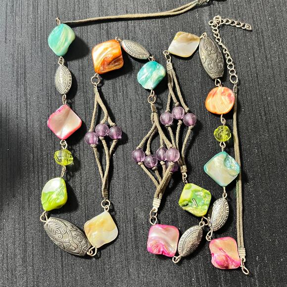 Multicolored Long MOP Shells on Brown Cord Necklace Silver Tone Beads 38-42" - Picture 2 of 5
